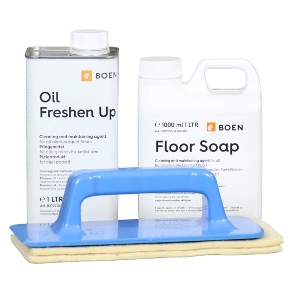 Boen Parkett - Pflegeset für geöltes Parkett. Padhalter,Wollpad,Freshen Up,Floor Soap